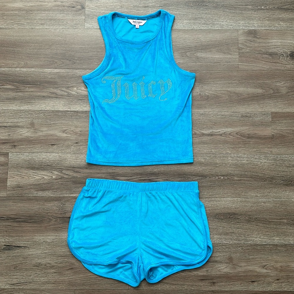 Juicy Couture Blue Velvet Velour Rhinestone Tank Top Short Set